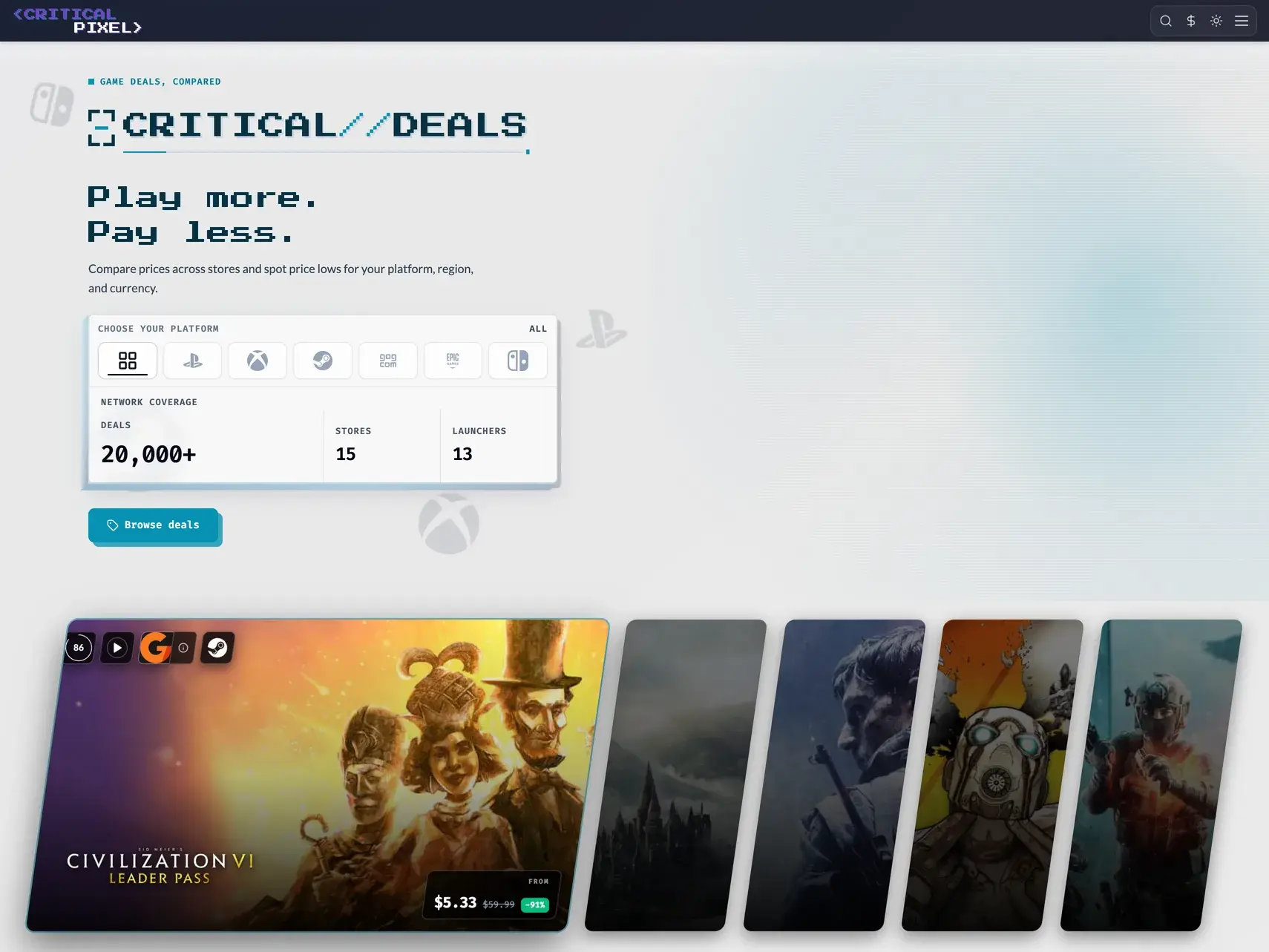 The CriticalPixel deals page in light mode: hero, search and filters, and the first rows of store prices
